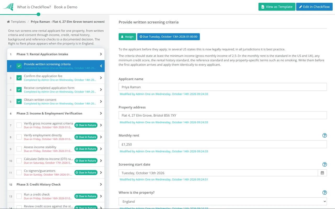 Live demo of the Tenant Screening Checklist in CheckFlow