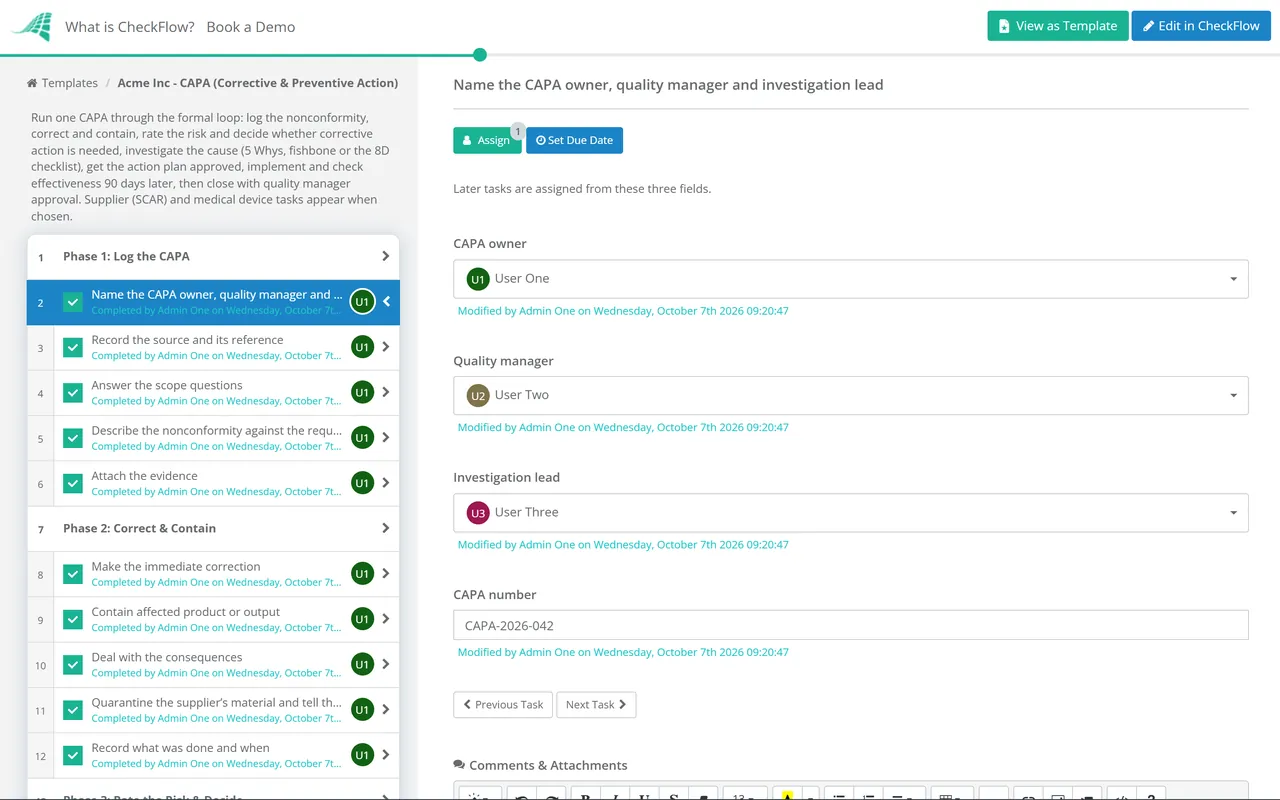 Live demo of the CAPA (Corrective & Preventive Action) Checklist in CheckFlow