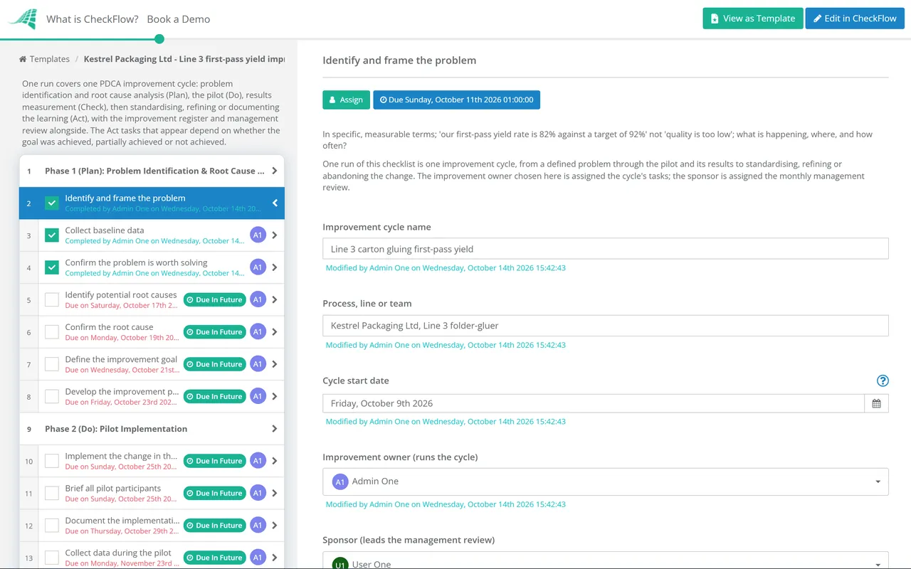 Live demo of the Continuous Improvement Cycle Process Checklist in CheckFlow
