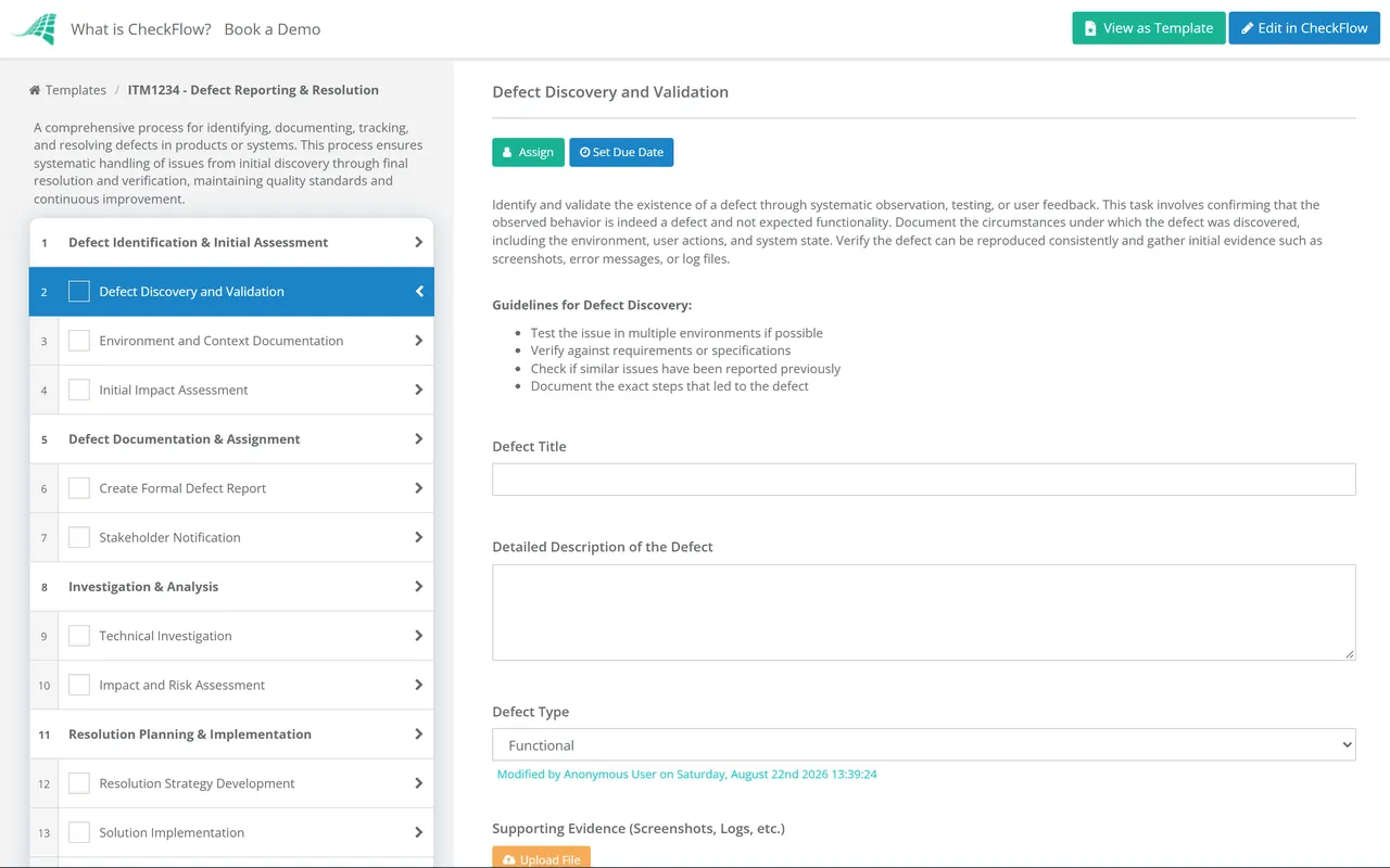 Live demo of the Defect Reporting & Resolution Checklist in CheckFlow