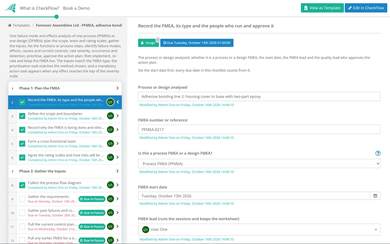 Live demo of the FMEA Checklist in CheckFlow