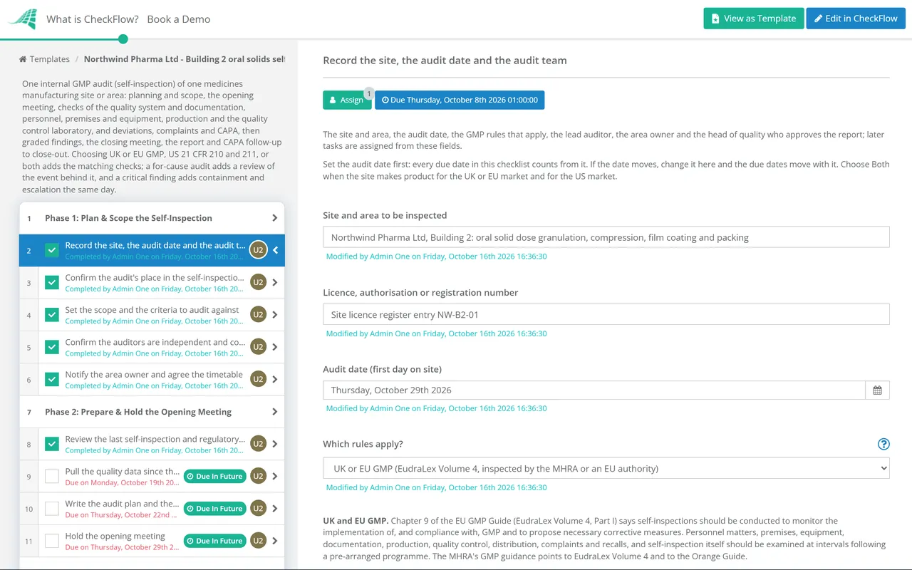 Live demo of the GMP Audit Checklist in CheckFlow