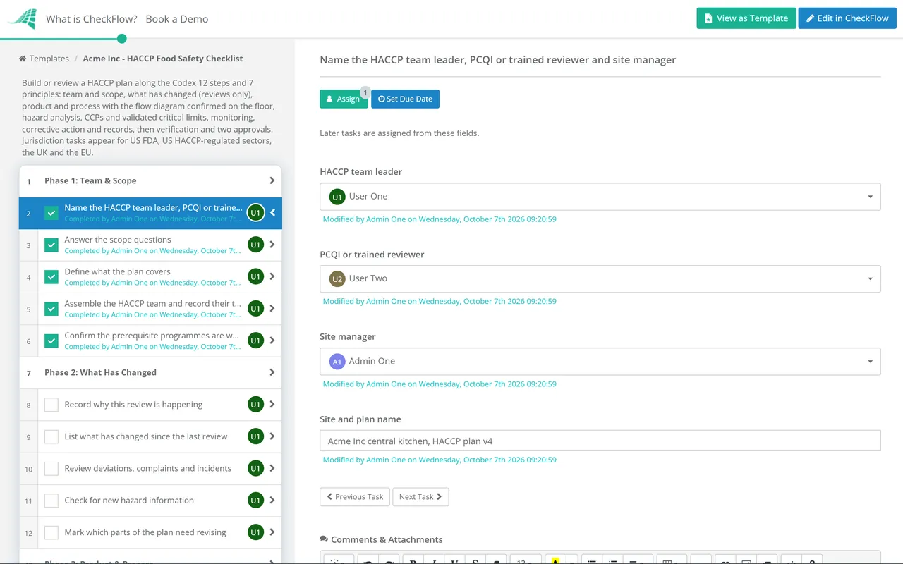 Live demo of the HACCP Food Safety Checklist in CheckFlow