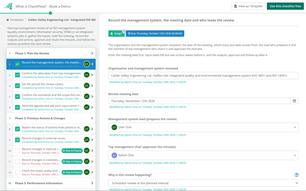 Live demo of the ISO Management Review Checklist in CheckFlow