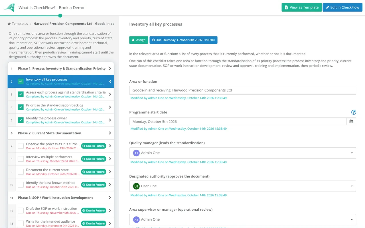 Live demo of the Process Standardization Checklist in CheckFlow