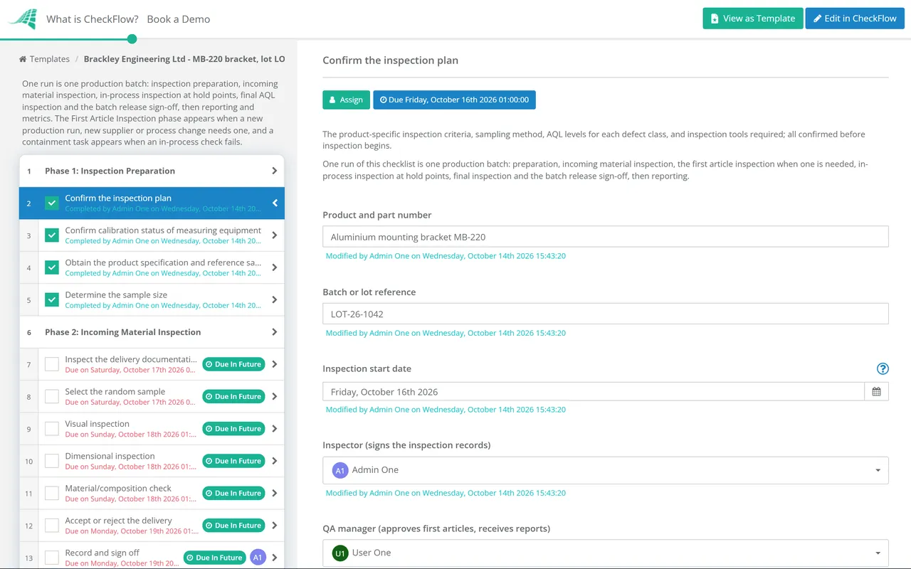 Live demo of the Product Inspection Workflow Checklist in CheckFlow