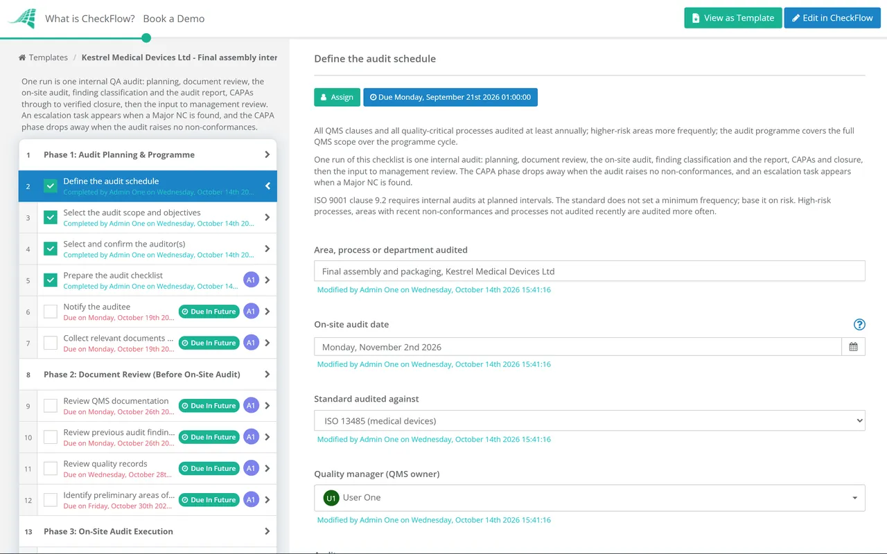 Live demo of the QA Compliance Audit Process Checklist in CheckFlow