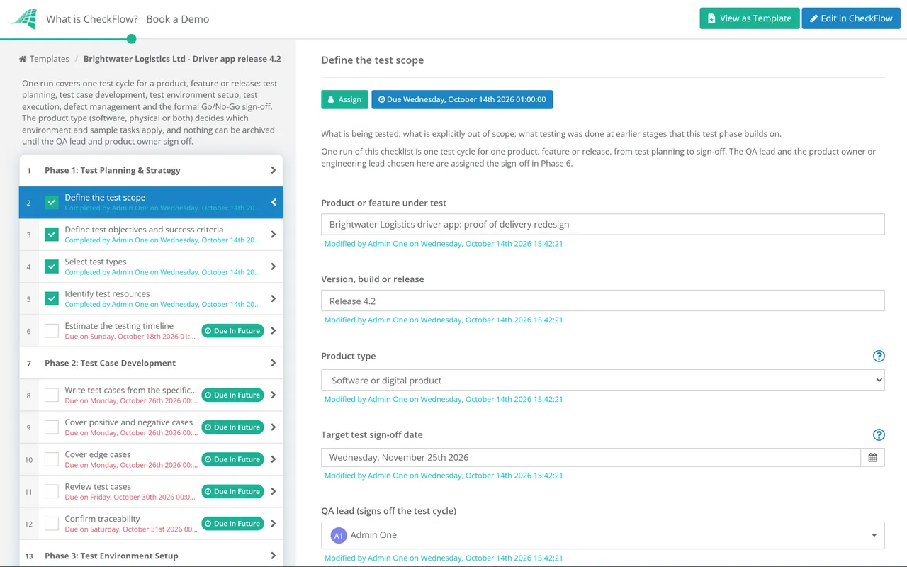 Live demo of the QA Testing Checklist in CheckFlow