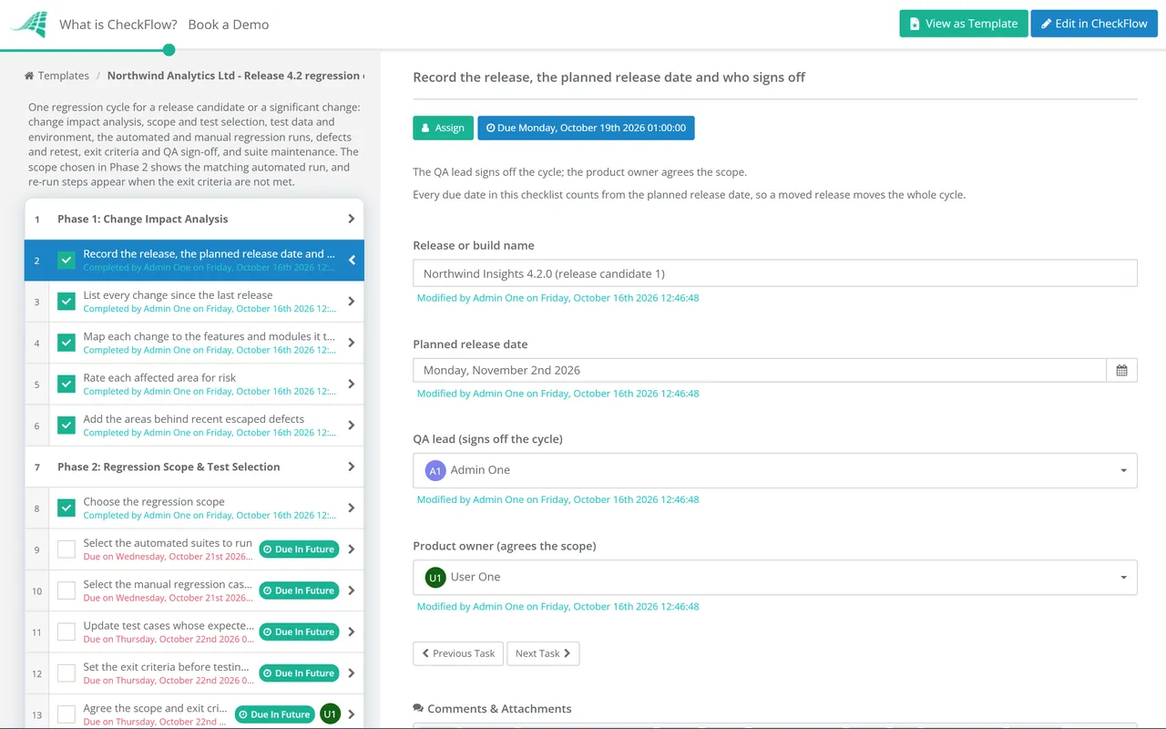 Live demo of the Regression Testing Checklist in CheckFlow