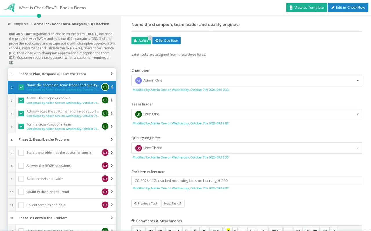 Live demo of the Root Cause Analysis (8D) Checklist in CheckFlow