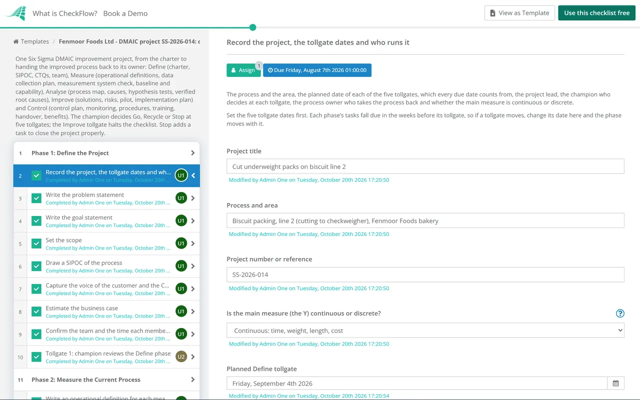Live demo of the Six Sigma DMAIC Project Checklist in CheckFlow