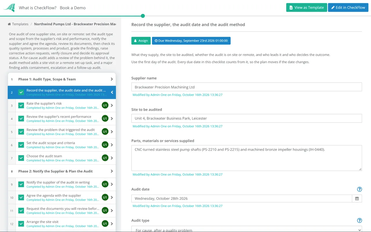 Live demo of the Supplier Audit Checklist in CheckFlow