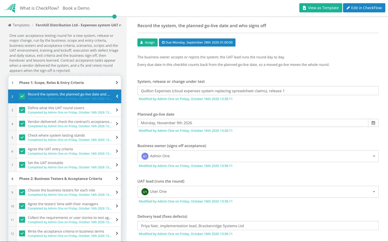 Live demo of the User Acceptance Testing (UAT) Checklist in CheckFlow