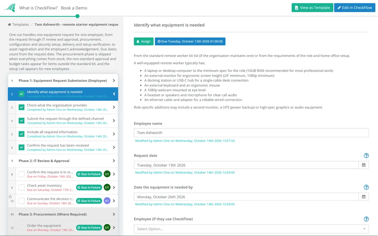 Live demo of the IT Equipment Request Process Checklist in CheckFlow