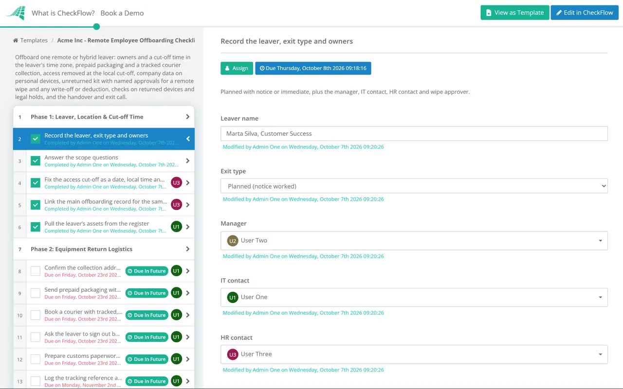 Live demo of the Remote Employee Offboarding Checklist in CheckFlow