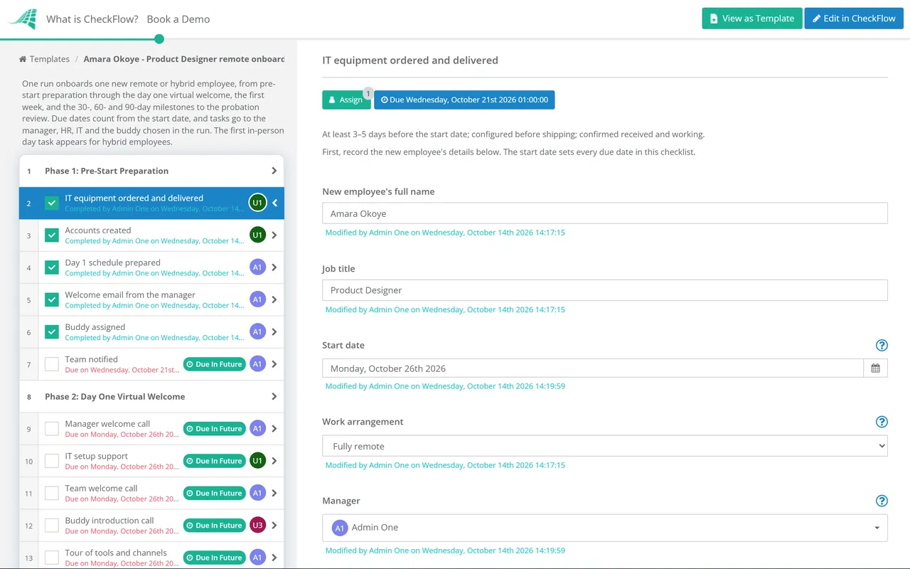 Live demo of the Remote Employee Onboarding Checklist in CheckFlow