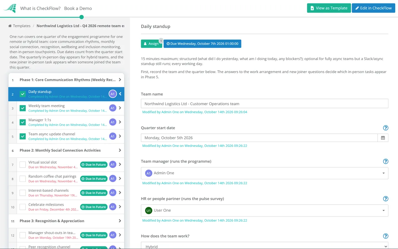 Live demo of the Remote Team Engagement Activities Checklist in CheckFlow
