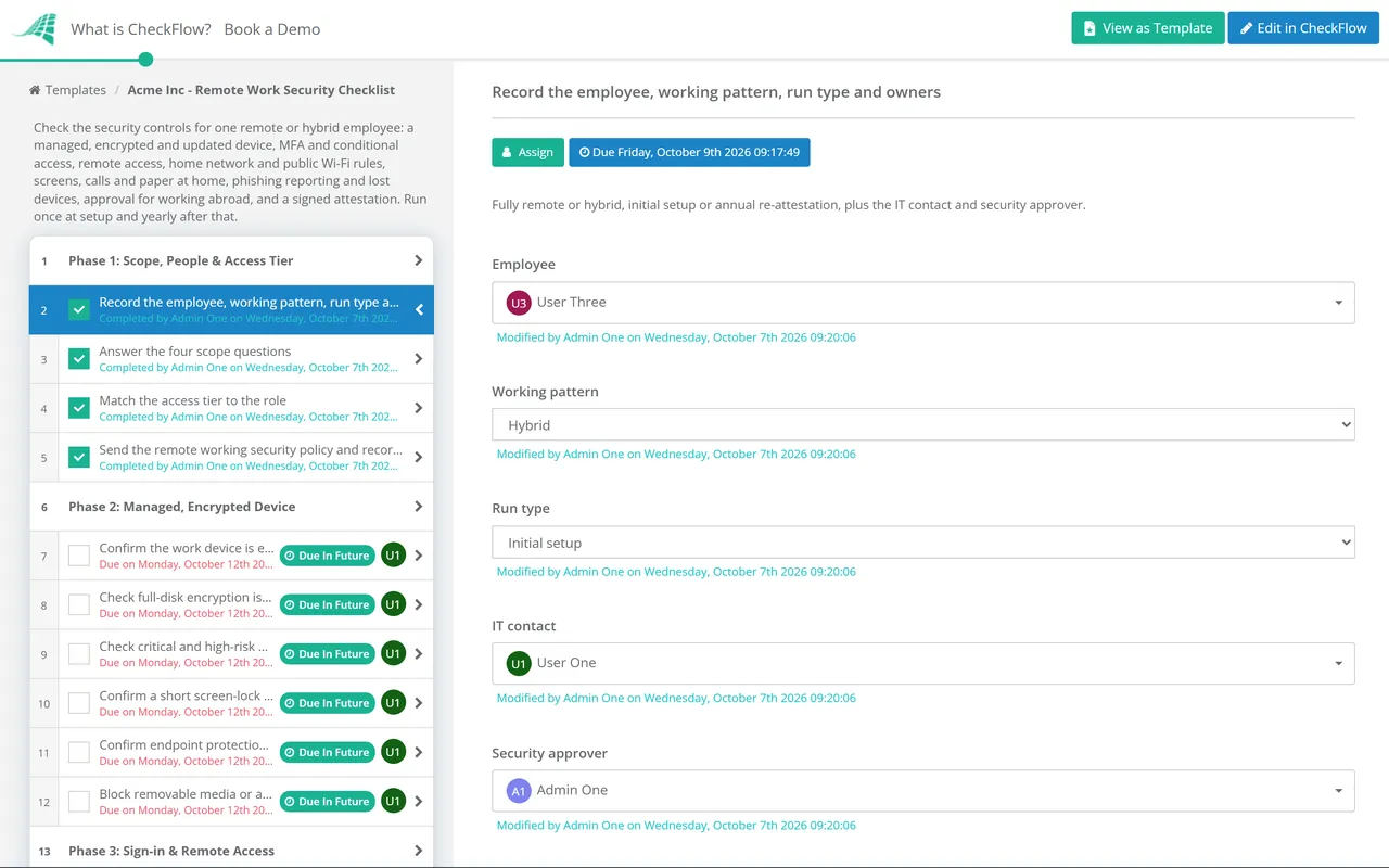 Live demo of the Remote Work Security Checklist in CheckFlow