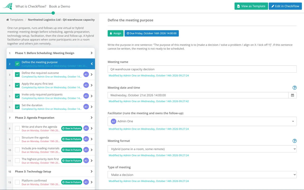 Live demo of the Virtual Meeting Best Practices Checklist in CheckFlow