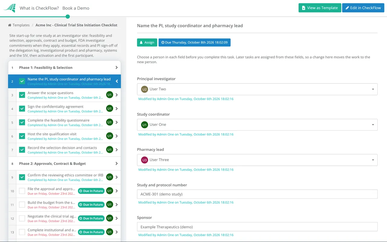 Live demo of the Clinical Trial Site Initiation Checklist in CheckFlow