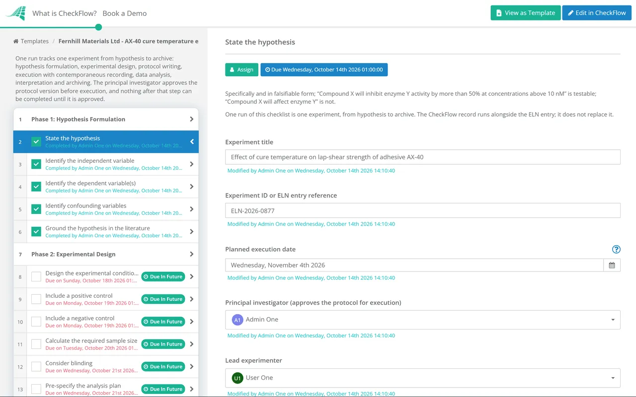 Live demo of the R&D Experiment Tracking Workflow Checklist in CheckFlow