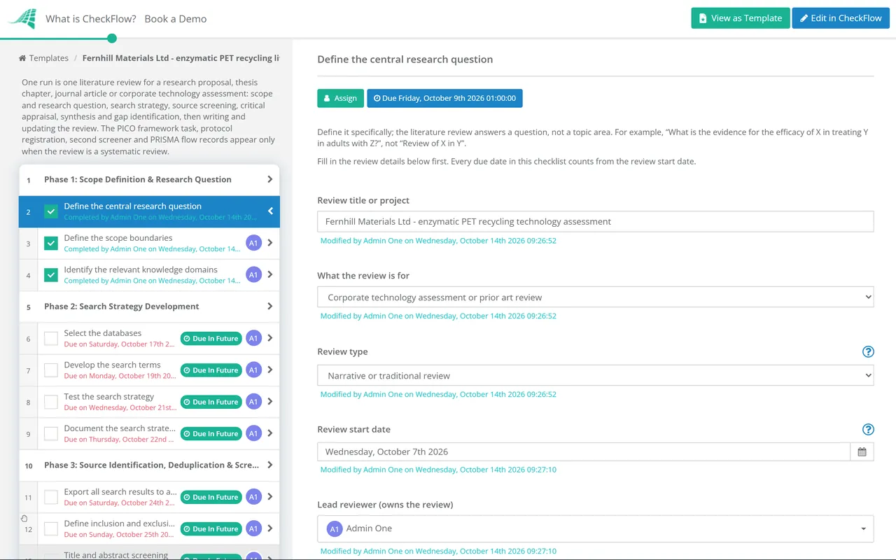 Live demo of the R&D Literature Review Checklist in CheckFlow