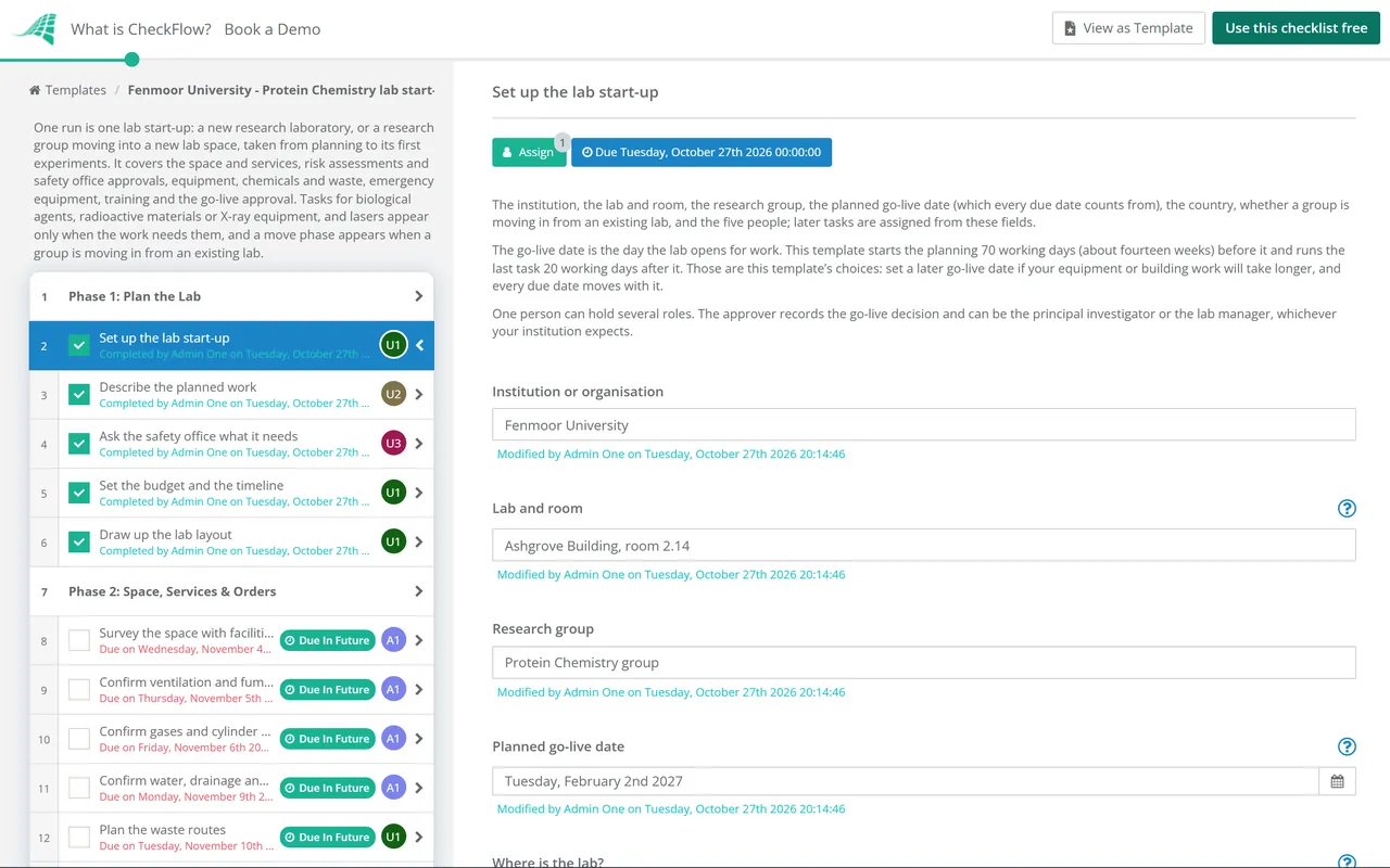 Live demo of the New Laboratory Setup Checklist in CheckFlow