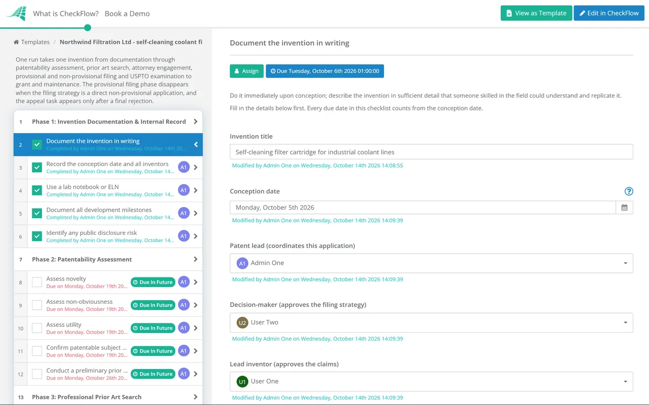 Live demo of the Patent Application Process Checklist in CheckFlow