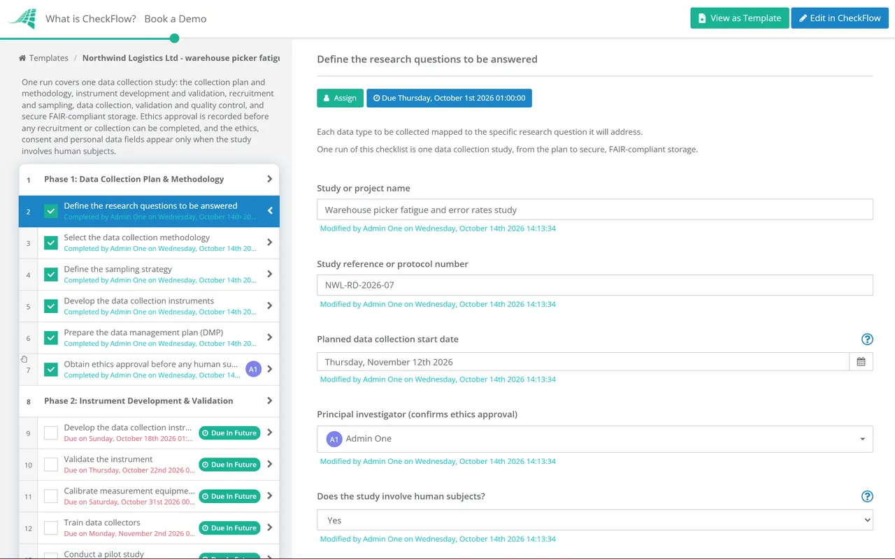 Live demo of the R&D Data Collection Process Checklist in CheckFlow
