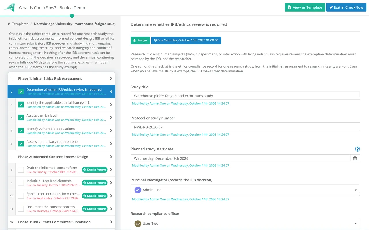 Live demo of the R&D Ethics Compliance Checklist in CheckFlow