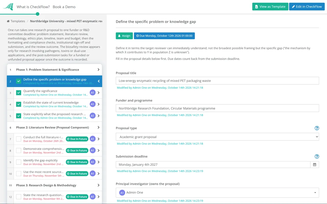 Live demo of the Research Proposal Submission Checklist in CheckFlow