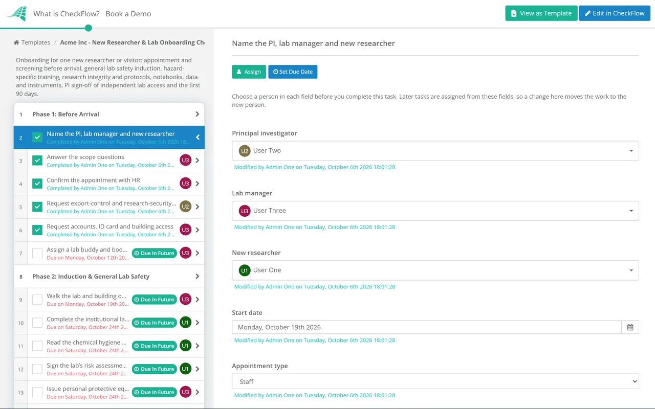 Live demo of the New Researcher & Lab Onboarding Checklist in CheckFlow