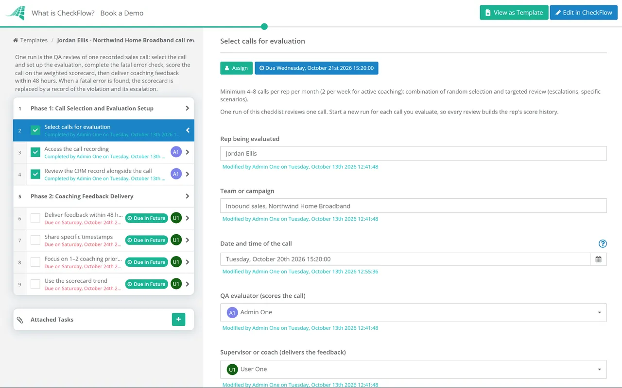 Live demo of the Call Center Sales Quality Assurance Checklist in CheckFlow