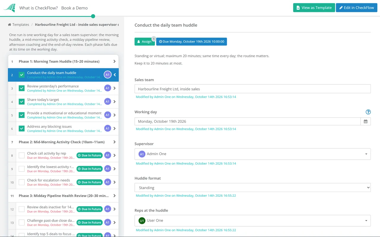 Live demo of the Daily Sales Team Supervisor Workflow Checklist in CheckFlow