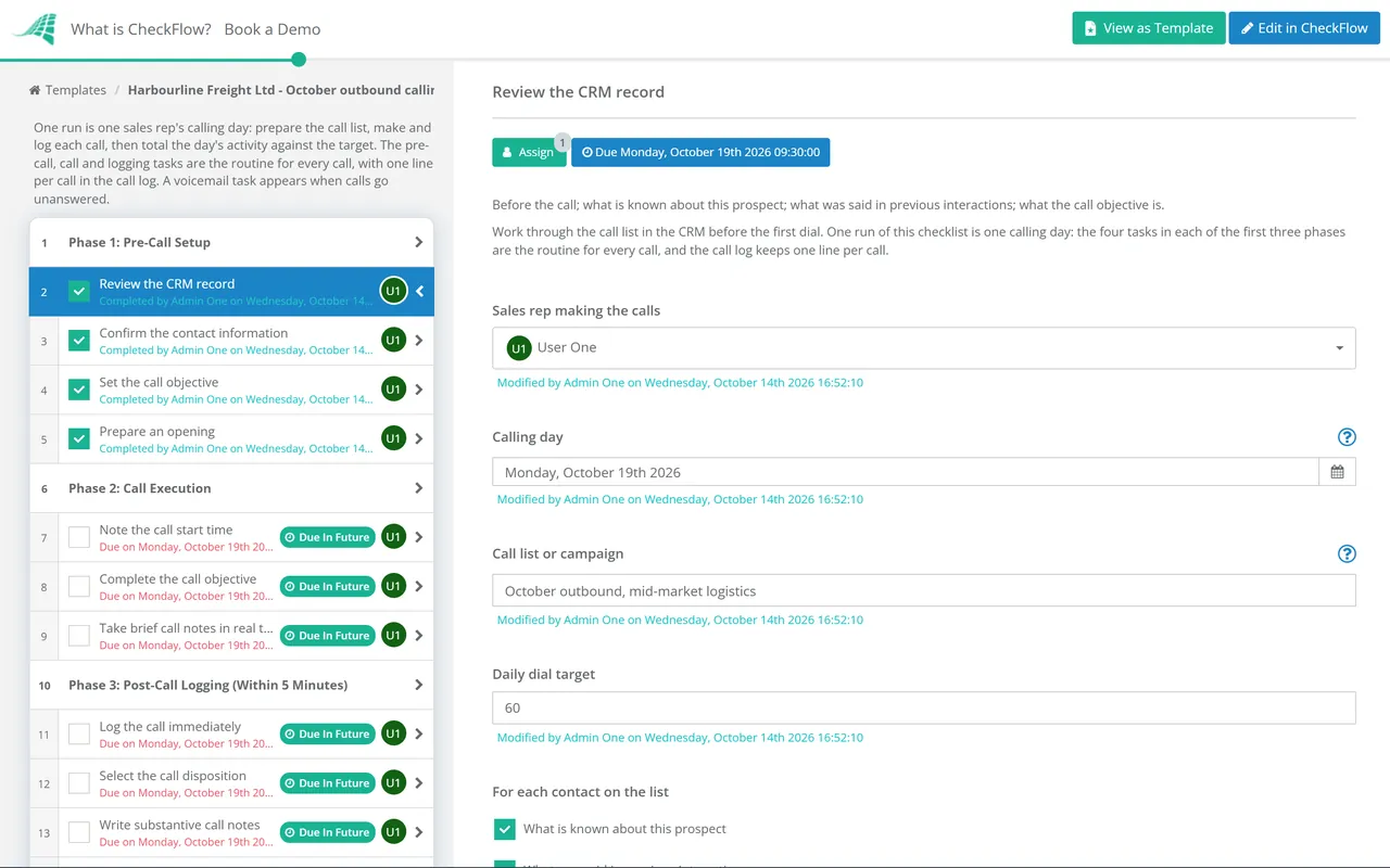 Live demo of the Sales Call Tracker Checklist in CheckFlow