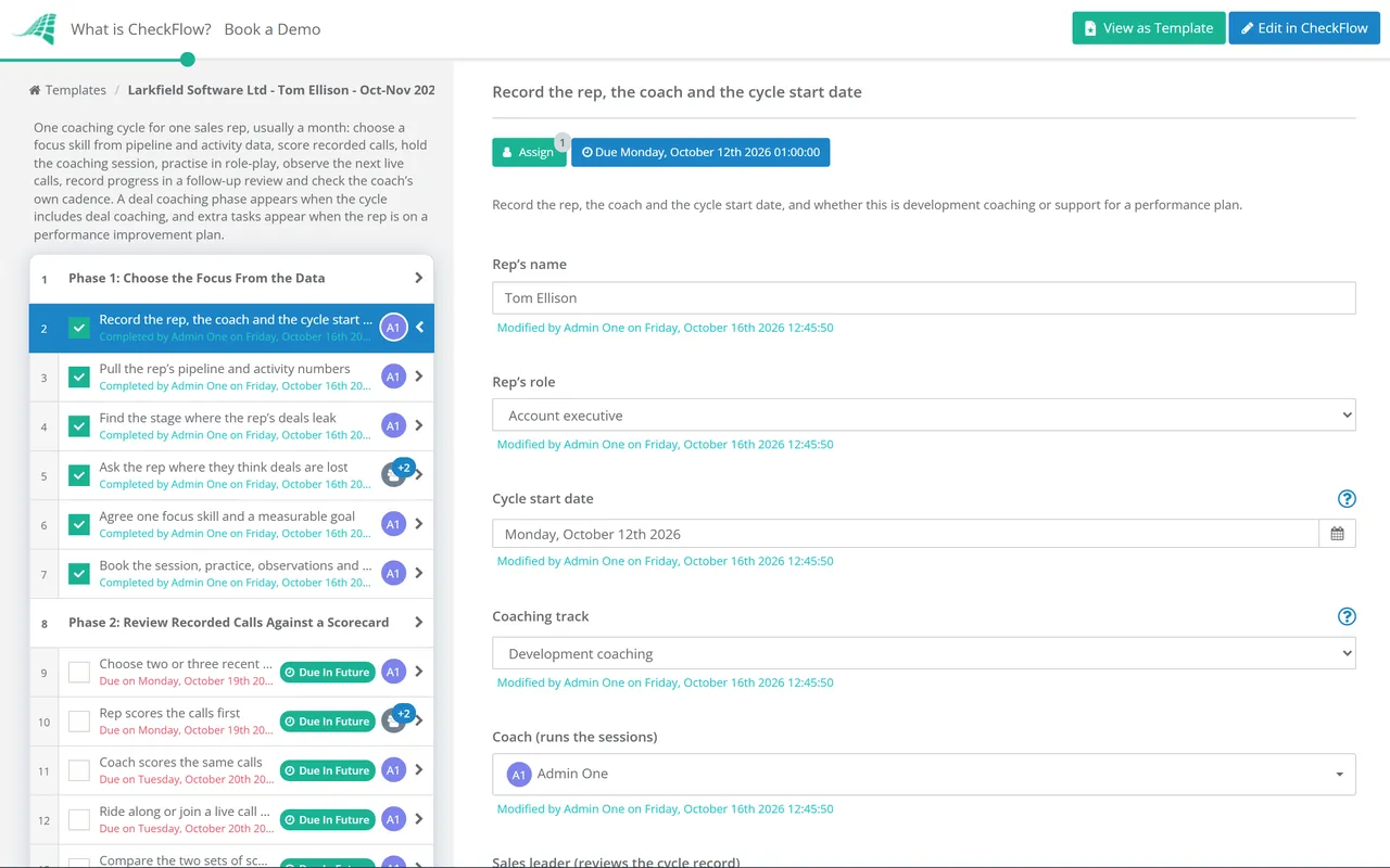 Live demo of the Sales Coaching Checklist in CheckFlow