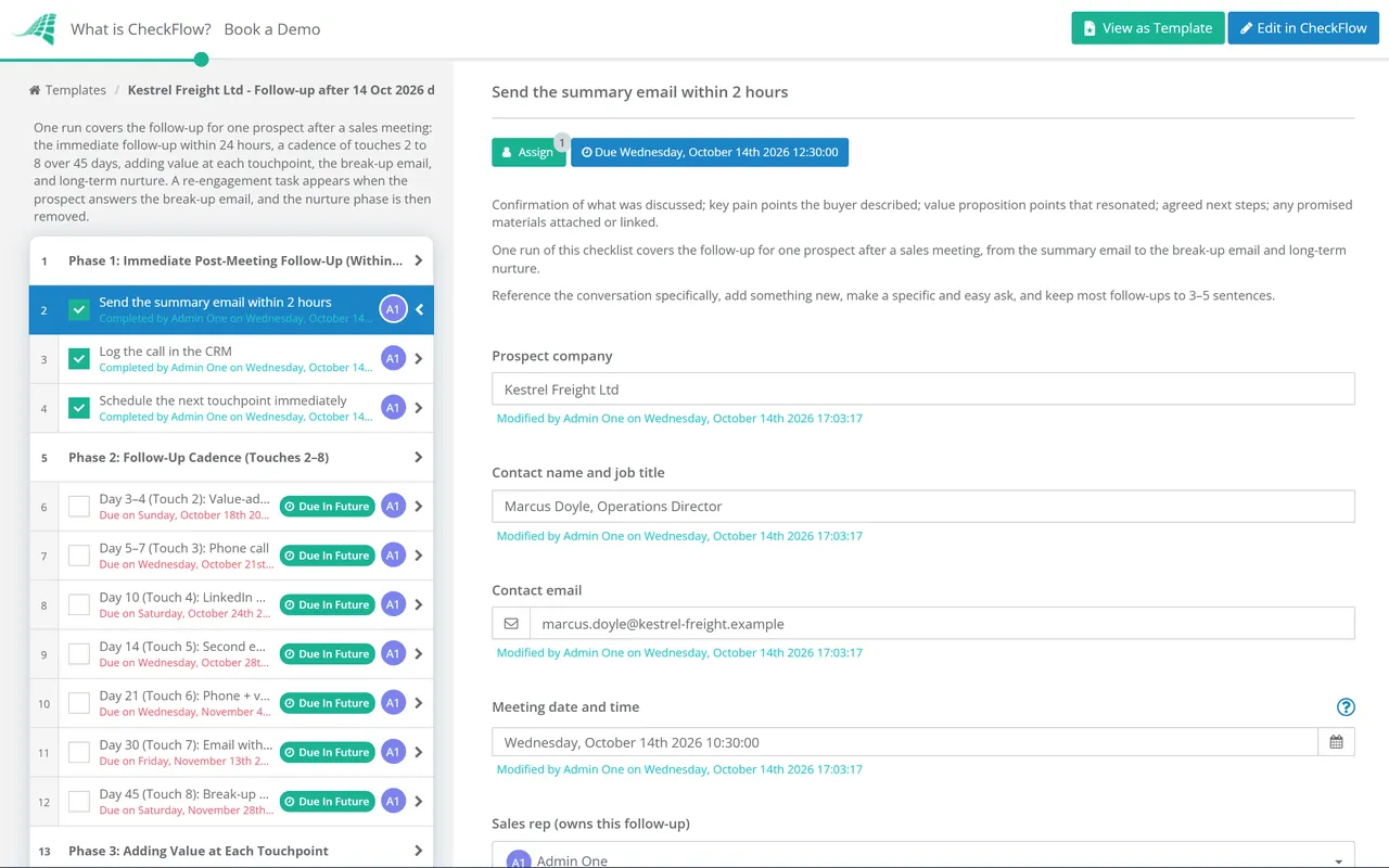 Live demo of the Sales Follow-Up Checklist in CheckFlow