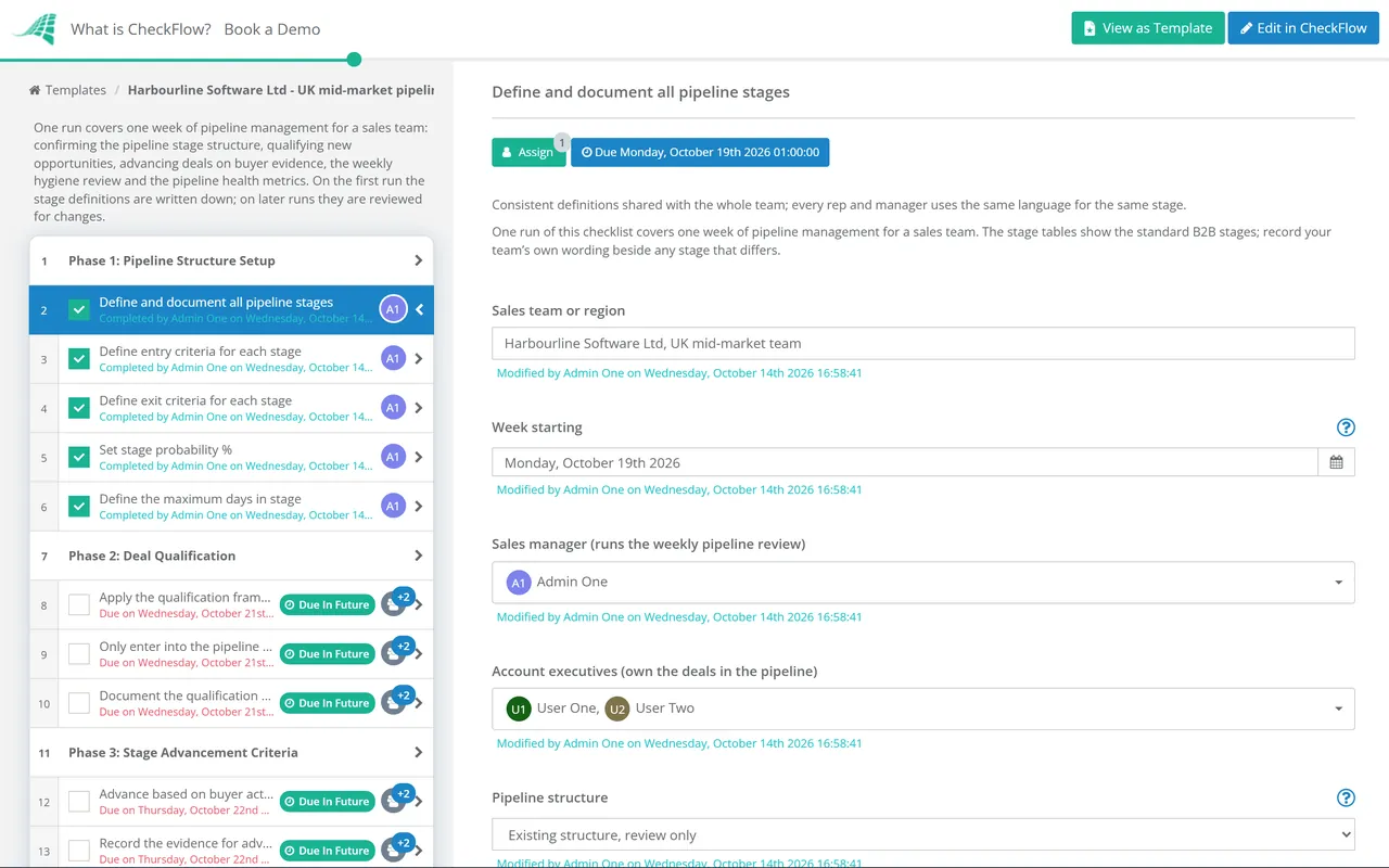 Live demo of the Sales Pipeline Stages Checklist in CheckFlow