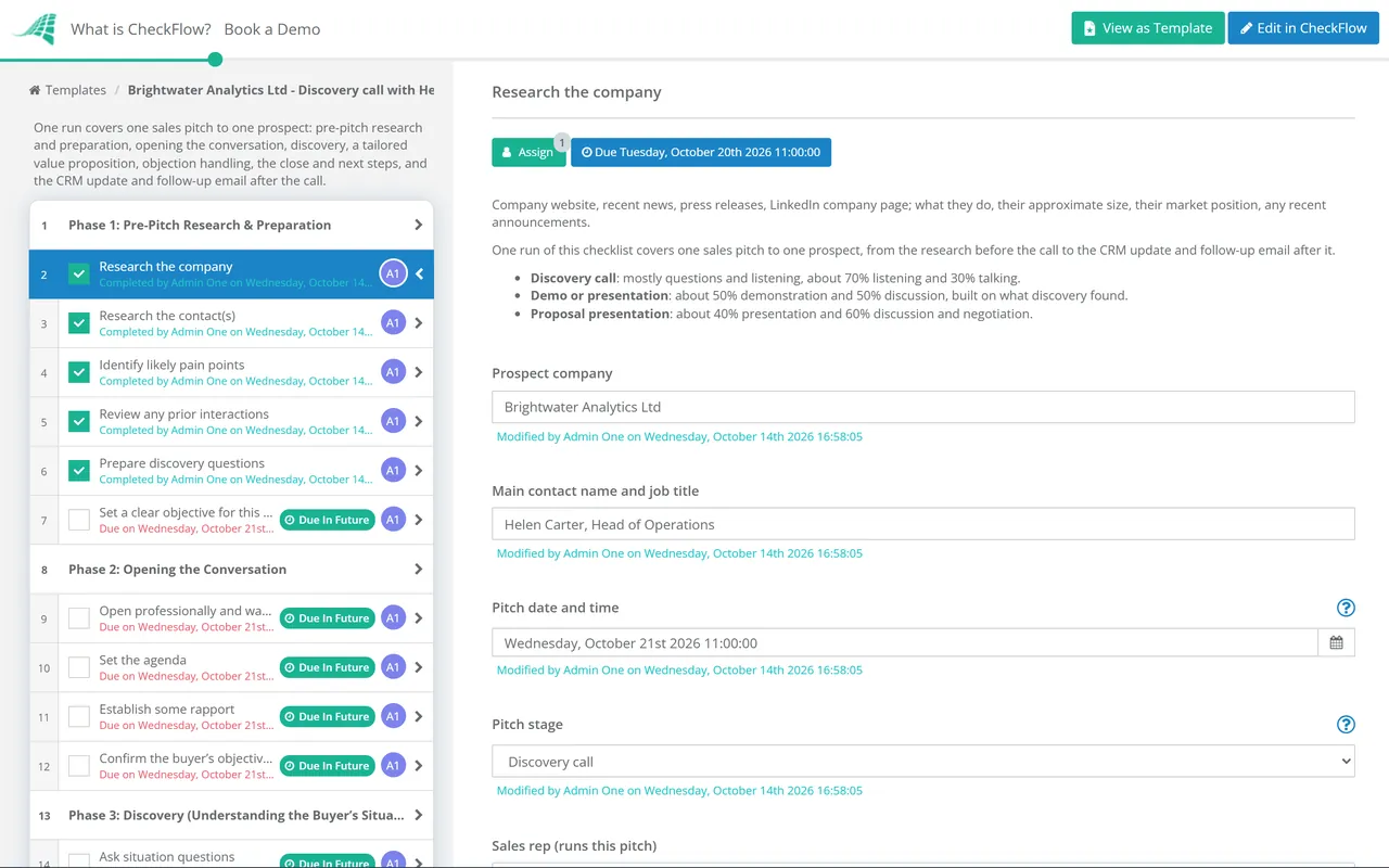 Live demo of the Sales Pitch Checklist in CheckFlow