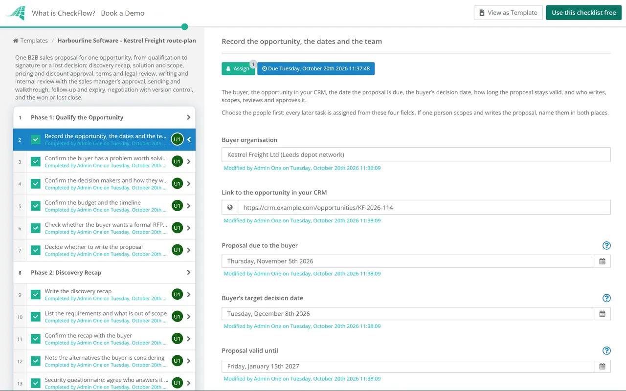 Live demo of the Sales Proposal Checklist in CheckFlow