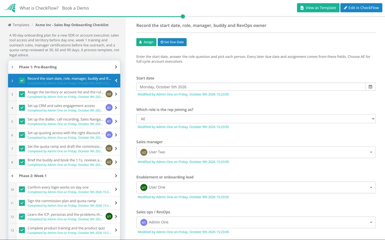 Live demo of the Sales Rep Onboarding Checklist in CheckFlow