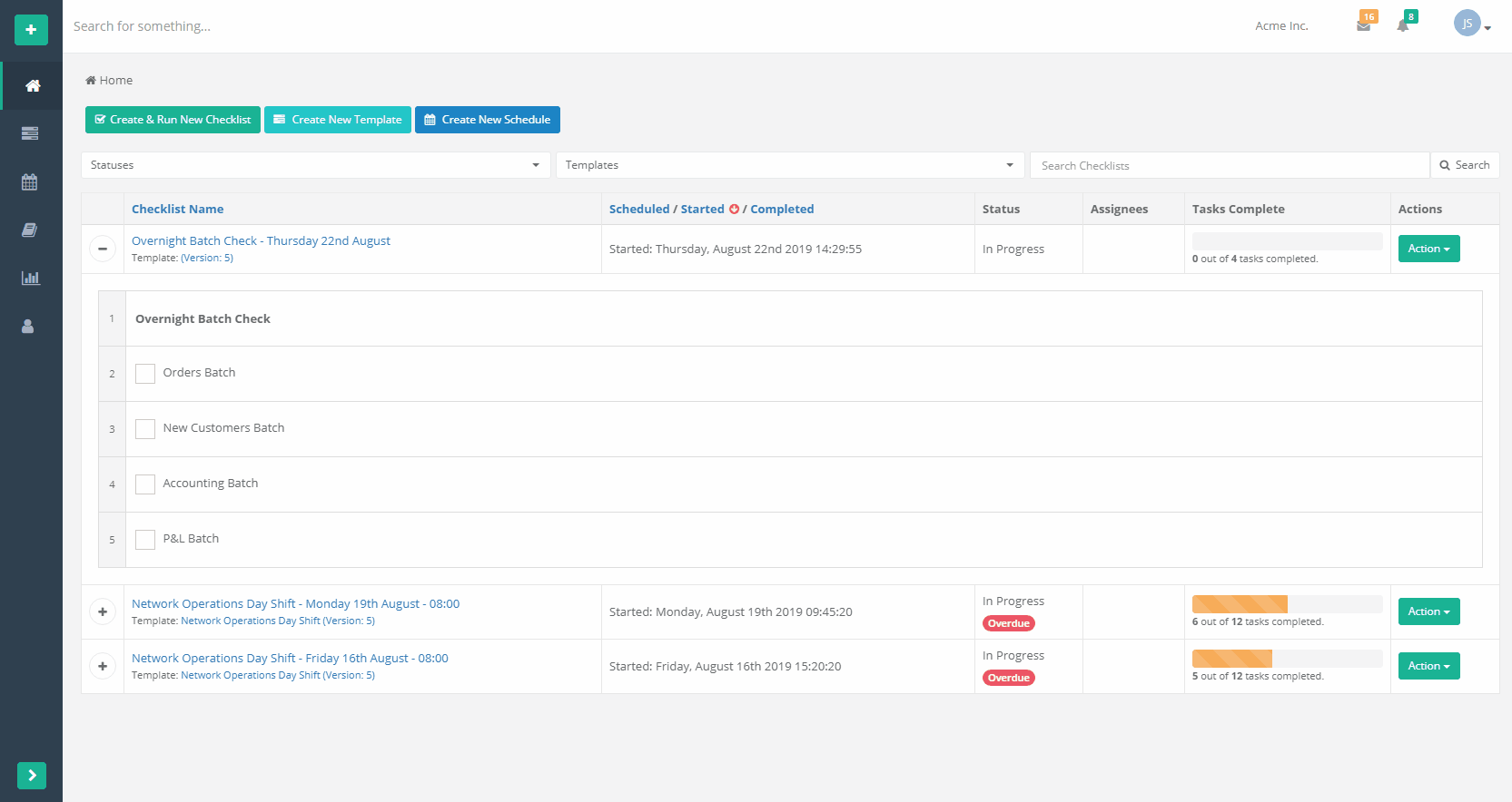 CheckFlow dashboard updating live as the four tasks on an Overnight Batch Check checklist are completed, changing its status from In Progress to Complete