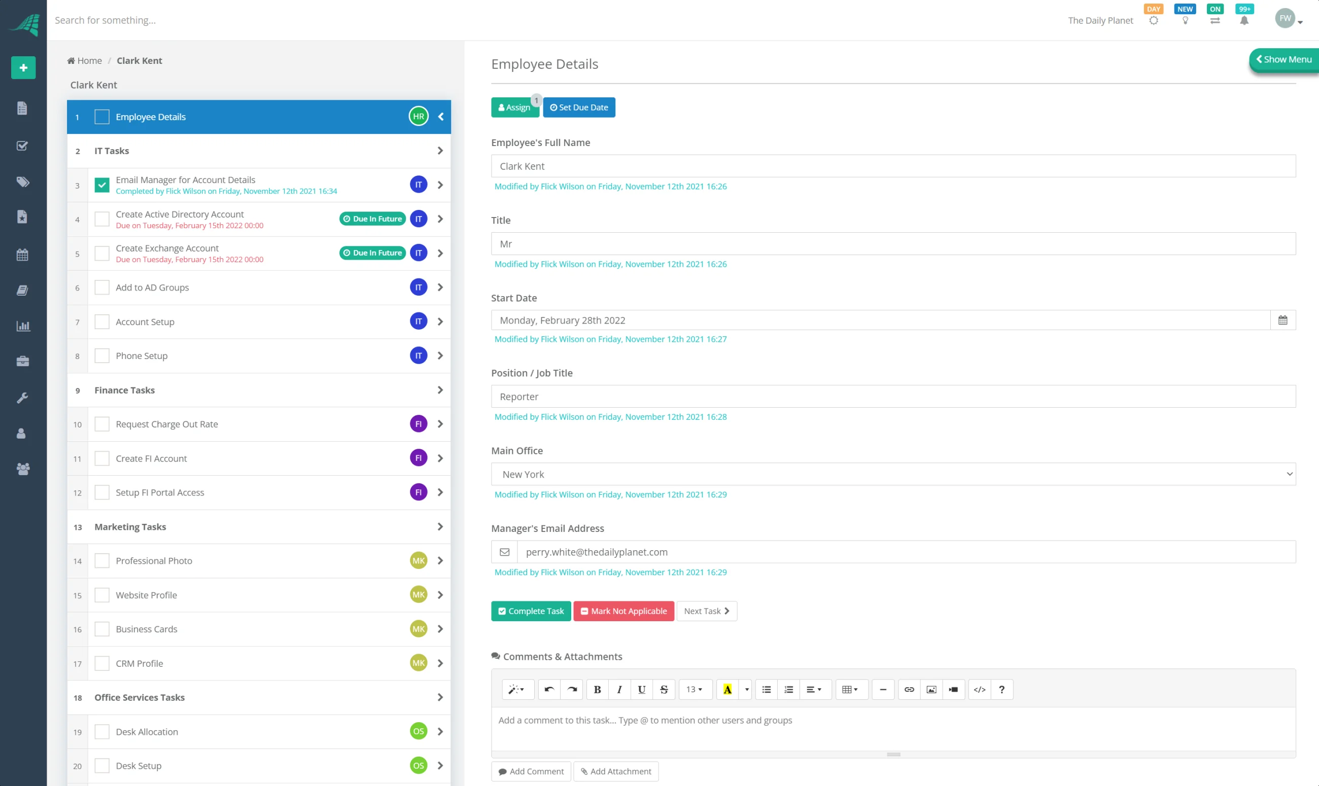 A CheckFlow employee onboarding checklist in progress: tasks grouped into IT, finance, marketing and office services sections, each assigned to a team, with due dates, a completed step stamped with who did it and when, and an employee details form